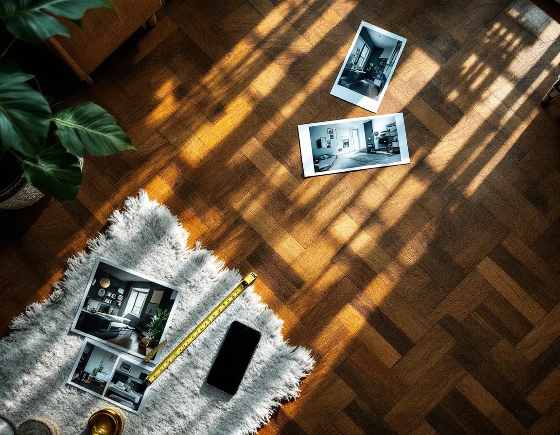Overhead view of a room being measured and photographed